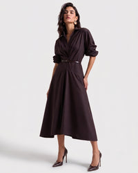 Brown collared gathered waist midi dress