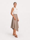 Beige Cascade Asymmetric Midi Length Skirt with structured waist yoke and side zip closure