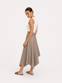 Beige Cascade Asymmetric Midi Length Skirt with an asymmetric handkerchief hem