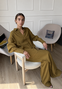 Nawa Olive relaxed button-down shirt with Nawa Olive wide leg tailored trousers style for every day wear
