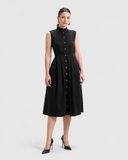 Nawá Black Cotton Embroidered Sleeveless Midi Shirt Dress with Nawa's signature gold buttons
