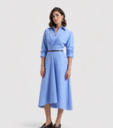 Nawá Blue Cotton Collared Gathered Midi Dress styled with brown leather belt and brown loafers