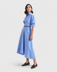 Blue collared gathered waist midi dress