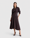 Nawá Brown Cotton Collared Gathered Midi Dress styled with brown thin belt and patent leather pumps