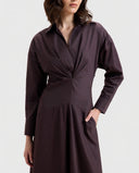 Nawá Brown Cotton Collared Gathered Midi Dress with front chest pleats with waist shaping