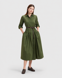 Nawá Green Cotton Embroidered Long Sleeve Midi Shirt Dress with a thin brown belt and brown loafers