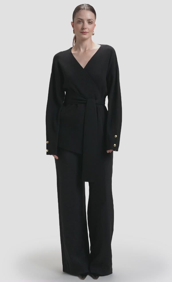 Black soft wrap knit cardigan with self-tie belt at the waist video
