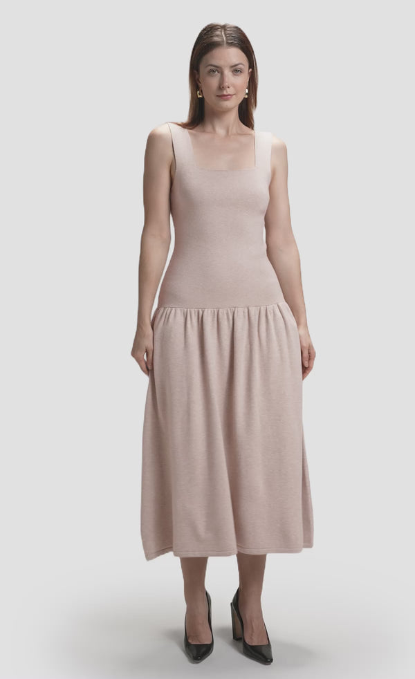 Nawá Beige Knit Square Neck Midi Dress 