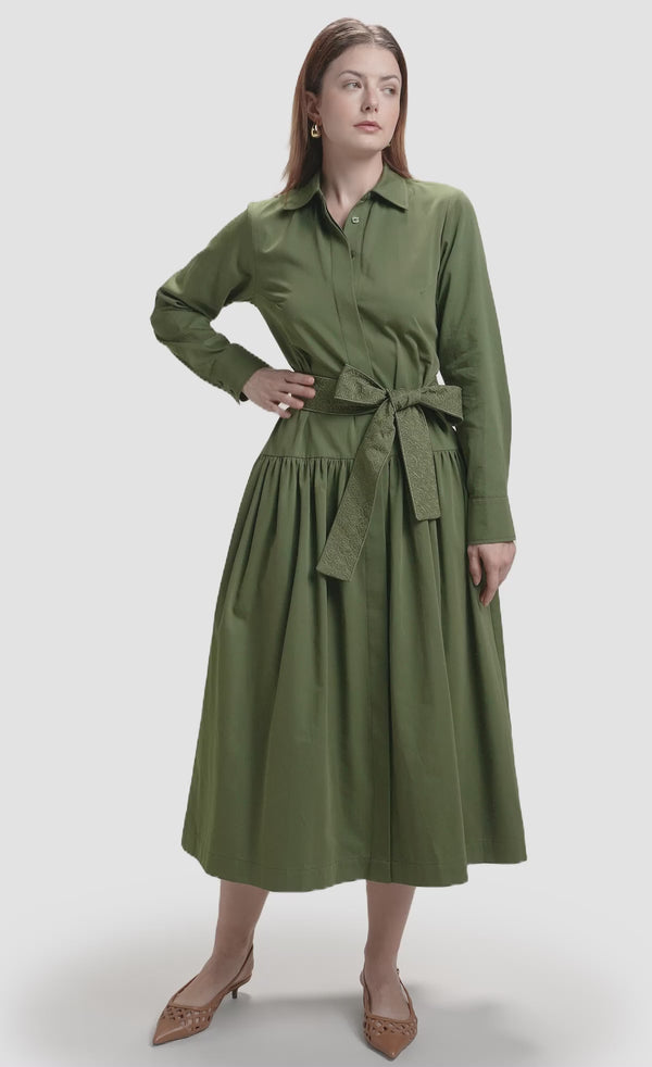 Nawá Green Cotton Embroidered Long Sleeve Midi Shirt Dress video