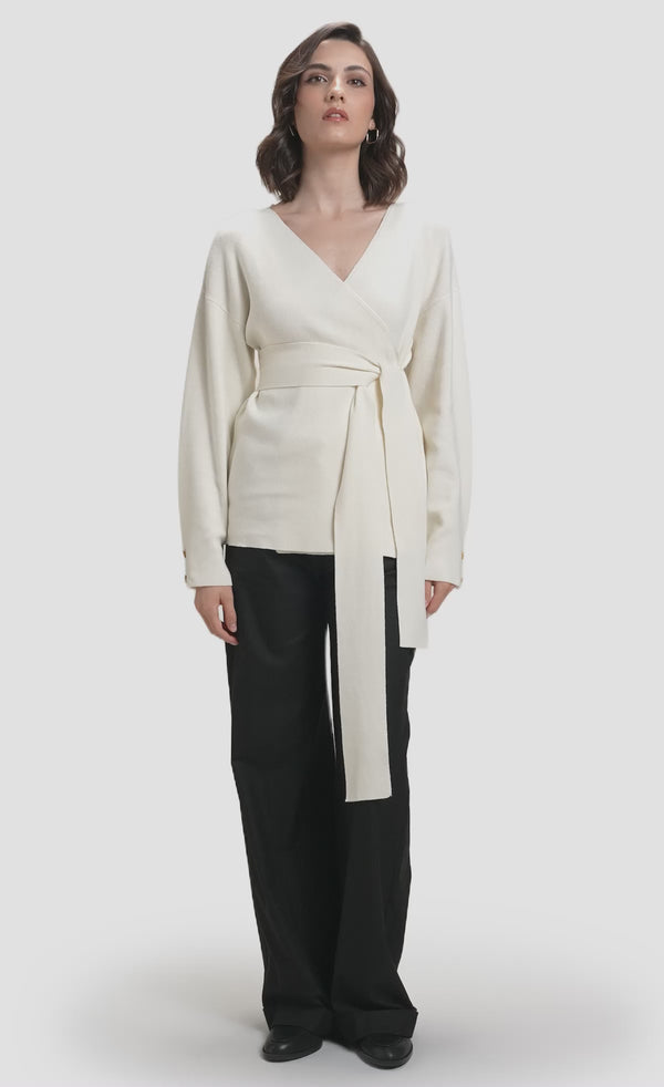 Cream soft wrap knit cardigan with self-tie belt at the waist video