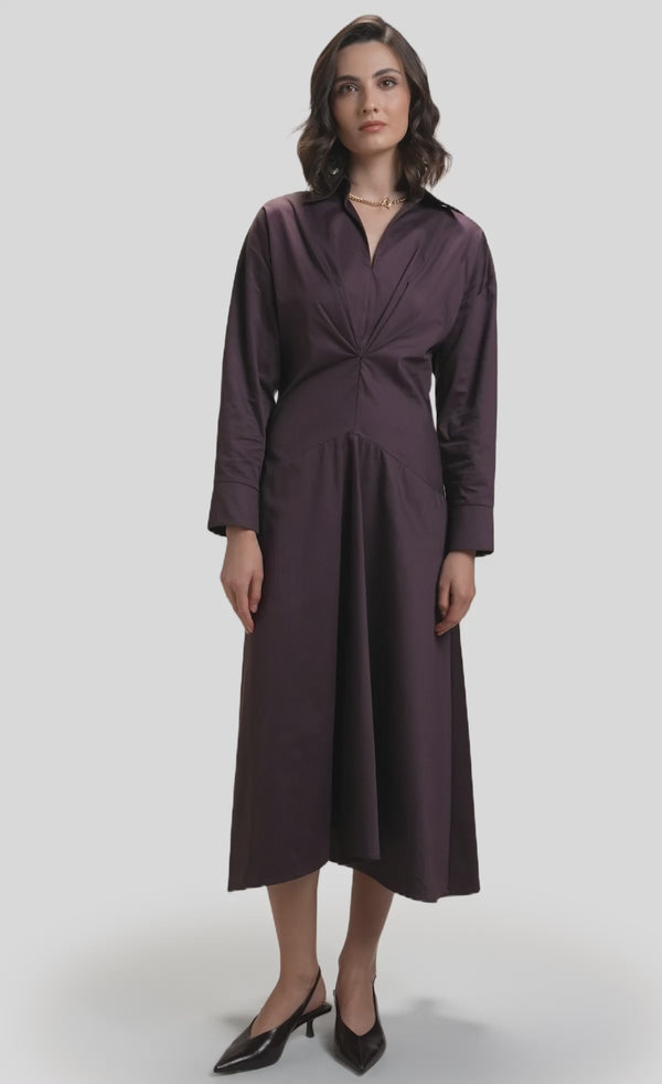 Nawá Brown Cotton Collared Gathered Midi Dress with flared midi-length skirt in lightweight woven fabric