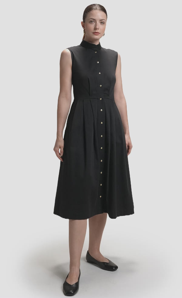 Nawá Black Cotton Embroidered Sleeveless Midi Shirt Dress - video