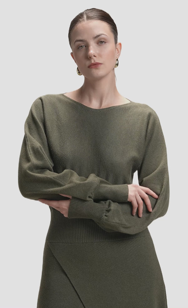 Nawá Green Ribbed Knit Long Sleeve Asymmetrical Midi Dress - video