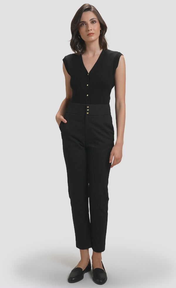 Nawá Black High Waist Tailored Trousers with Nawá Black Ribbed Knit Button Vest  -  video