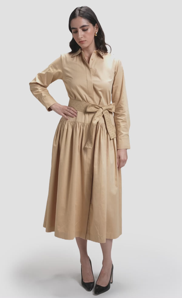 Nawá Beige Cotton Embroidered Long Sleeve Midi Shirt Dress video