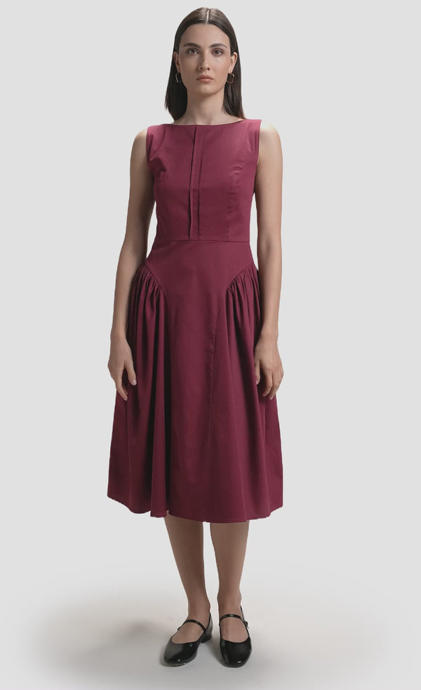 Nawá Burgundy Cotton Sleeveless A-Line Midi Dress video