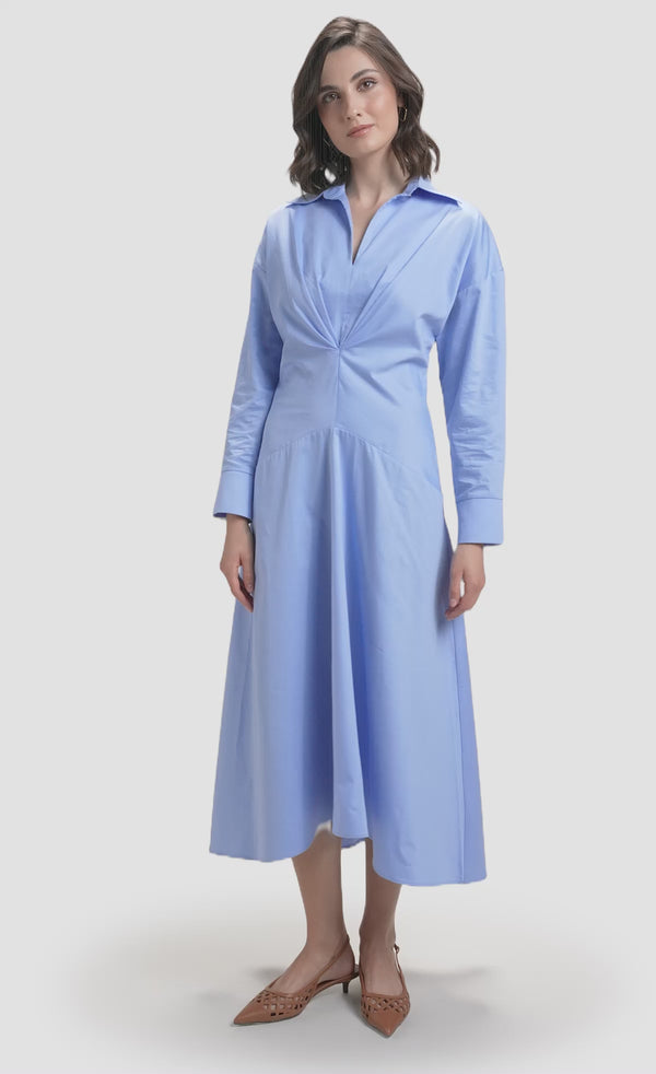 Nawá Blue Cotton Collared Gathered Midi Dress with flared midi-length skirt in lightweight woven fabric