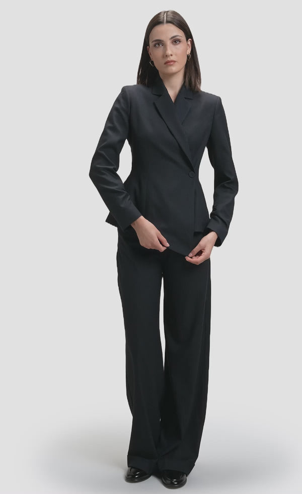Navy wrap front tailored blazer with Navy straight leg trousers and patent black loafers 